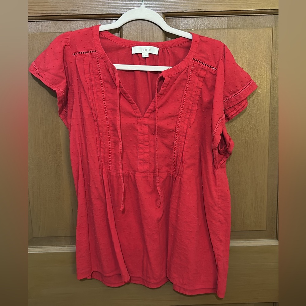 LOFT Pink/Red Tie Front Blouse Relaxed Fit